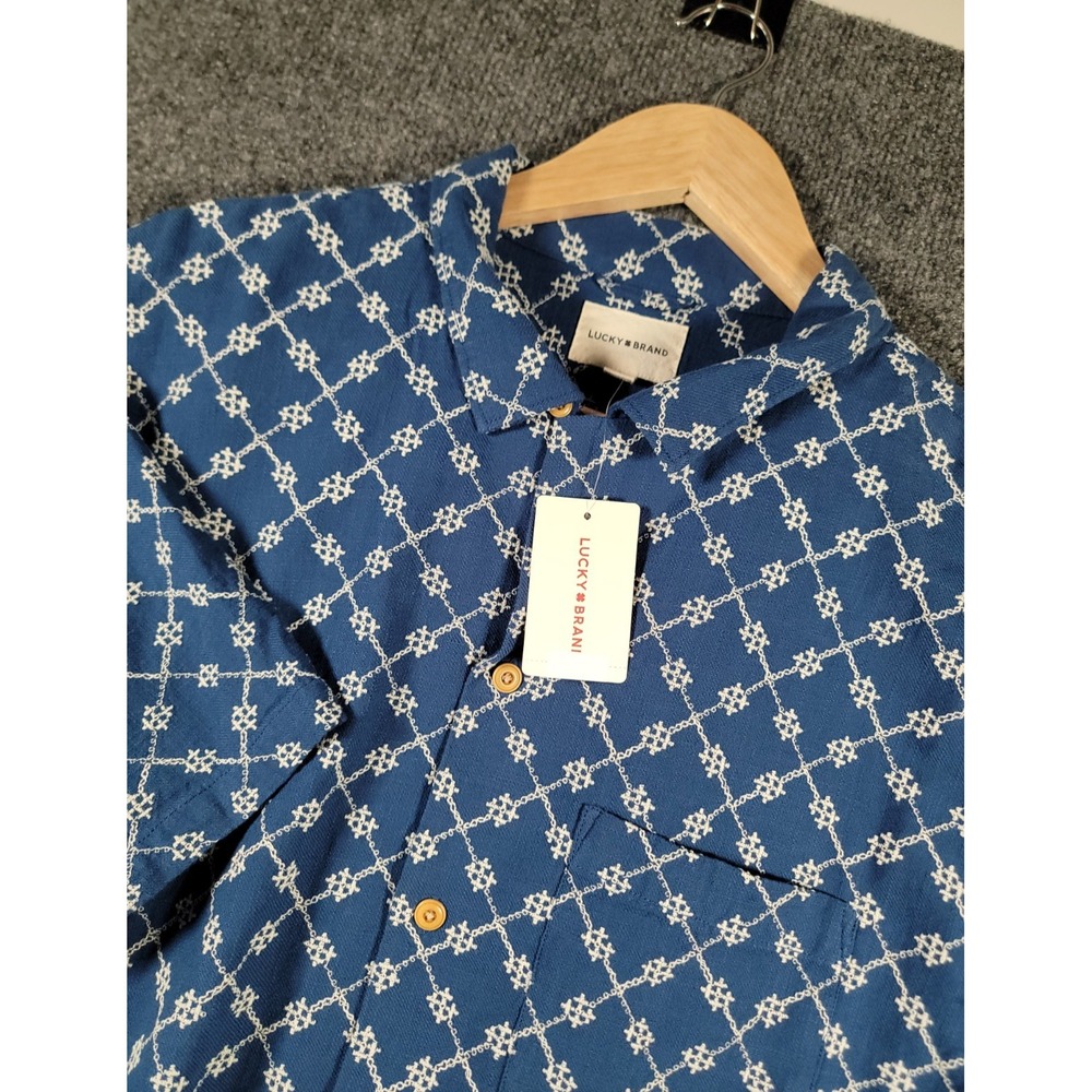 Lucky Brand Shirt Mens Large Blue Button Down Short Sleeve Embroidered NWT $80